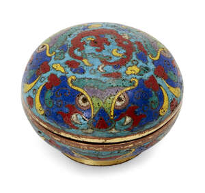 
	
		A Chinese cloisonné circular box and cover, Ming dynasty, 16th/17th century, decorated in...