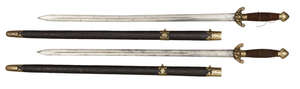 
	
		Two similar Chinese ceremonial temple swords (jian), 19th century, with leather and brass...