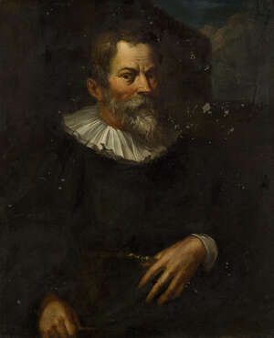 Follower of Michiel Jansz van Mierevelt, 
		Dutch 1567-1641- 
		 
		Portrait of gentleman, half-length in a black coat and white ruff; 
		 
		oil on cop