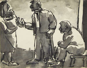 
	
		Josef Herman OBE RA, 
		British/Polish 1911-2000- 
		Two men with a woman and her baby;...