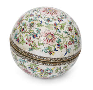 
	
		A Chinese Canton painted enamel spherical box, Qianlong period, decorated with meandering...