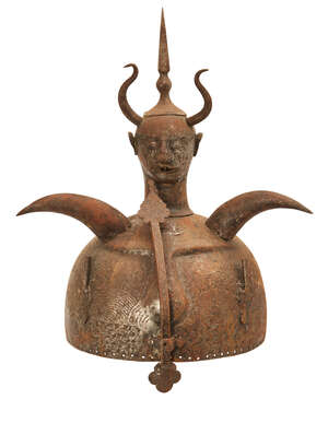 
	
		A Qajar steel Khula khud helmet with double demon head, Persia, 19th century, 37cm....