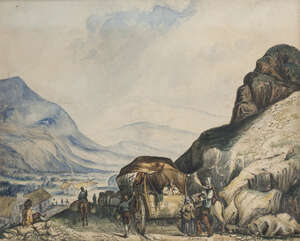 
	
		Attributed to Francis Oliver Finch, 
		British 1802-1862-
		 
		Travellers on a track...