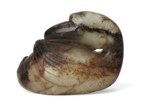 
	
		A Chinese greyish-green jade goose pendant, 19th century, carved with its head turned...