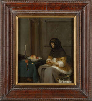 After Gerard ter Borch, 
		Dutch 1617-1681- 
		 
		Woman Peeling an Apple; 
		 
		oil on panel, 35x29cm 
		 
		Note: This work is based on an origina