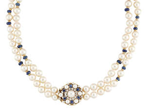 
	
		An 18ct. gold, cultured pearl, sapphire and diamond necklace by de Vroomen, composed of...
