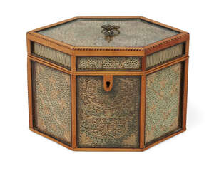 
	
		A George III paperscroll hexagonal tea caddy, with satinwood frame and glazed panels,...