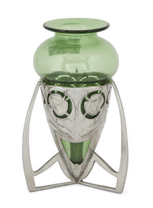 
	
		Archibald Knox (1864-1933), a Liberty & Co pewter  and green glass 'bomb' shaped vase...