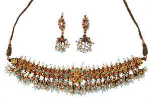 
	
		An Indian gold, enamel, ruby, diamond, pearl and turquoise necklace and ear pendants, the...