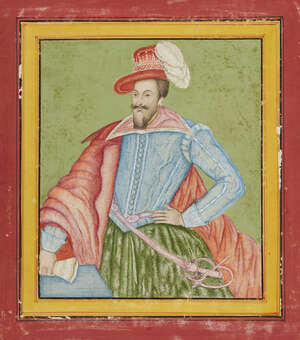 
	
		King James I of England, After a European print, Rajasthan, North India, probably 19th...