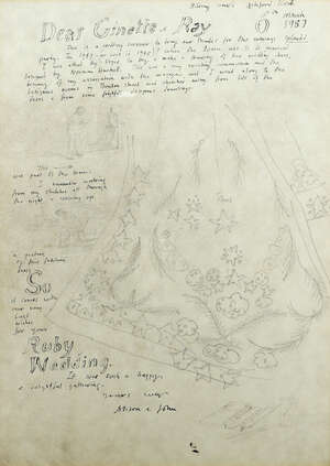 John Stanton Ward RA RWS RP NEAC CBE,
		British 1917-2007-
		 
		Sketch of Queen Elizabeth II's wedding dress, with later letter and dedication from Ma
