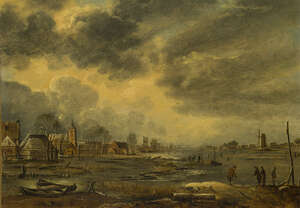 After Aert van der Neer, 
		Dutch 1603-1677- 
		 
		Wide frozen river landscape with village and windmill; 
		 
		oil on canvas, bears monogram, inscrib