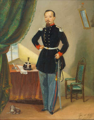 
	
		Continental School, mid 19th century- Portrait of a soldier standing full-length; oil on...
