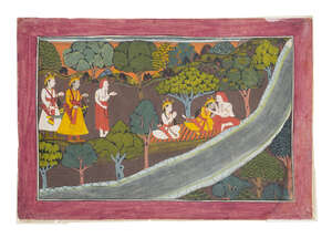 
	
		Visvamitra brings Rama and Laksmana to the bank of the Sarayu river, Mandi, circa 1800,...