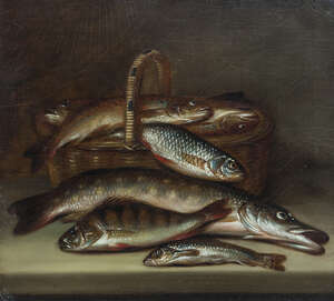 
	
		Attributed to Henry Leonidas Rolfe, 
		British 1823-1881- 
		 
		Pike, perch, trout...