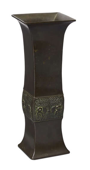 
	
		A Chinese bronze archaistic square vase, hu, 18th century, cast to the body with taotie...