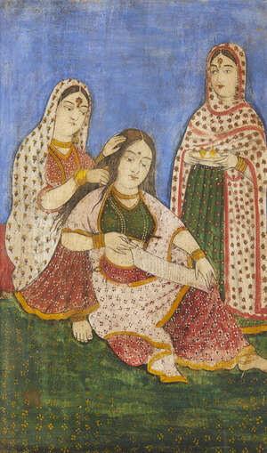 
	
		A painting on board of a a lady having her hair combed, 19th century, the lady shown...