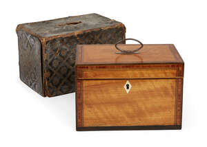 
	
		A George III satinwood two-division tea caddy, the lid with white metal loop handle,...
