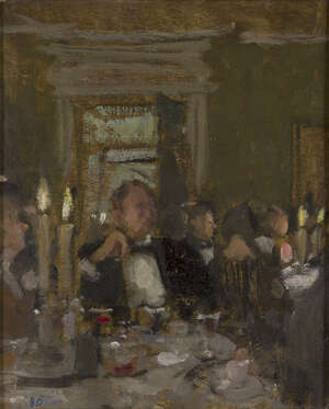 
	
		Bernard Dunstan RA, 
		British 1920-2017- 
		 
		Candlelit dinner; 
		 
		oil on...