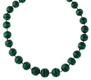 
	
		A malachite bead necklace, composed of twenty-nine graduated beads to gilt-metal clasp,...