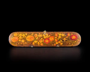 A large signed composite Safavid lacquered papier m&acirc;ch&eacute; pencase (qalamdan),&nbsp;Persia, late 17th...