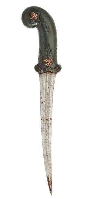 A Mughal gem-set jade hilted dagger, India, late 18th century, the steel blade gently curved at the tip with central ridge, the pistol grip spinach green jade 