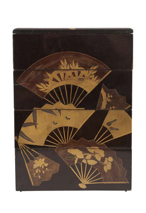 
	
		A Japanese lacquer square four section stacking box, early 20th century, painted...