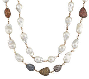 
	
		A cultured pearl and gem necklace, composed of a line of baroque cultured pearls with...