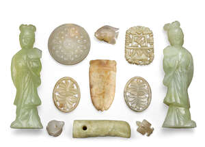 
	
		Eleven Chinese jade and green hardstone carvings, 18th - early 20th century, comprising...