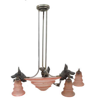
	
		A frosted pink glass and chromed metal ceiling light, 20th century, with triangular strut...