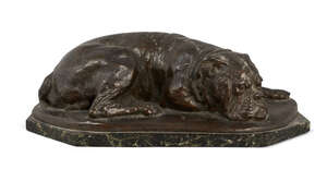 
	
		Wilhelm Hüsgen (1877-1962) 
		Bulldog, recumbent 
		Bronzed 
		Verde antico marble...