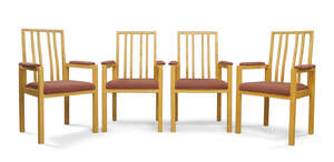 
	
		Alan Peters (1933-2009), a set of four sycamore dining chairs, square section legs with...