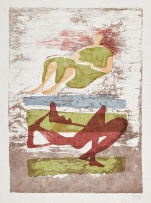 
	
		Henry Moore OM CH FBA,
		British 1898-1986-
		 
		Two Reclining Figures on Striped...