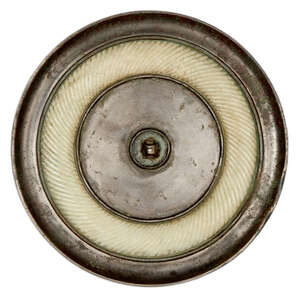 
	
		A rare Chinese jade-inlaid bronze mirror, Warring States period, the outer concave band...