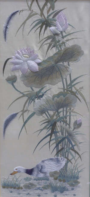 
	
		A set of three Chinese embroideries of duck and lotus, pheasant and wisteria and peacock...