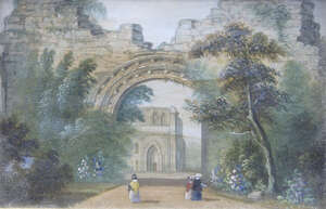 
	
		British School, mid-19th century- Figures promenading by a ruined archway and an alpine...