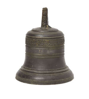 
	
		A Flemish bronze bell, by Van Laer, 1767, with foliate cast band above the inscription 