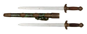
	
		A Chinese double sword (shuang jian), 19th century, with green tortoiseshell and brass...