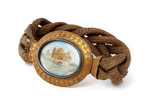 
	
		A Sikh braided hair band with miniature of the Golden Temple of Amritsar, India, 19th...