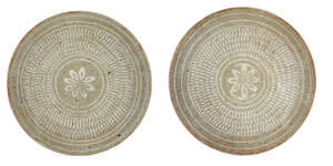 
	
		A pair of Japanese studio pottery saucer dishes, early 20th century, slip-decorated with...