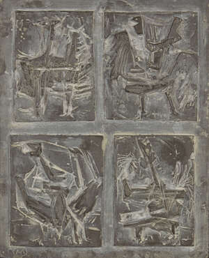 
	
		Bernard Meadows, 
		British 1915-2005- 
		Four Cockerels; 
		patinated plaster relief...