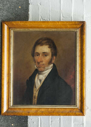 
	
		Henry Ary, 
		British 1802-1859-
		 
		Portrait of a gentleman, quarter-length turned...