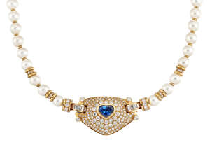 
	
		A sapphire, diamond and cultured pearl necklace by Adler, composed of a uniform single...