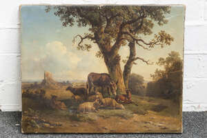 
	
		Dutch School, 
		early 19th century- 
		 
		Donkey, a goat and sheep resting beneath a...