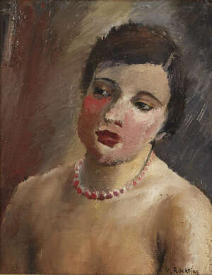 Vera Rockline,
		Russian, 1896-1934
		
		Jeune femme au collier de perles (young woman with a pearl necklace);
		oil, signed lower right, 41 x 33cm 
		Pro