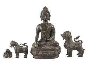 
	
		A Chinese bronze figure of Amitayus Buddha, early 20th century, seated in dhyanasana on a...