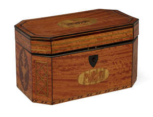 
	
		A George III satinwood tea caddy/box, with inlaid ovals decorated with urns, with...