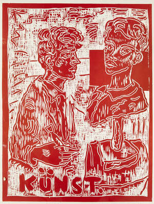
	
		Adrian Wiszniewski, 
		Scottish b.1958- 
		 
		Kunst, 1988; 
		 
		woodcut print in...
