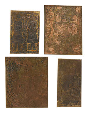 
	
		Four engraved brass talismanic plaques, Iran or possibly Georgia, one dated 1201AH/1787AD