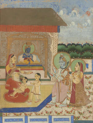 
	
		Yashoda, Krishna and Nanda, Rajasthan, India, 19th century, gouache on paper heightened...